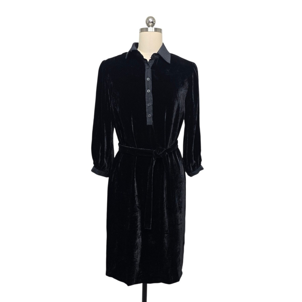 Emerson Fry Black Silk Blend Velvet Midi Shirt Dress Belted Size 2 Made in USA